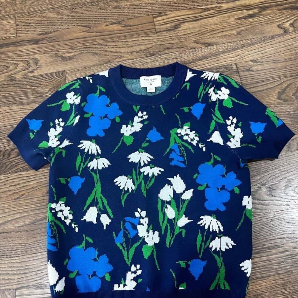 Kate Spade New York Floral Knit Sweater | Short Sleeve | Navy Blue | Size Small